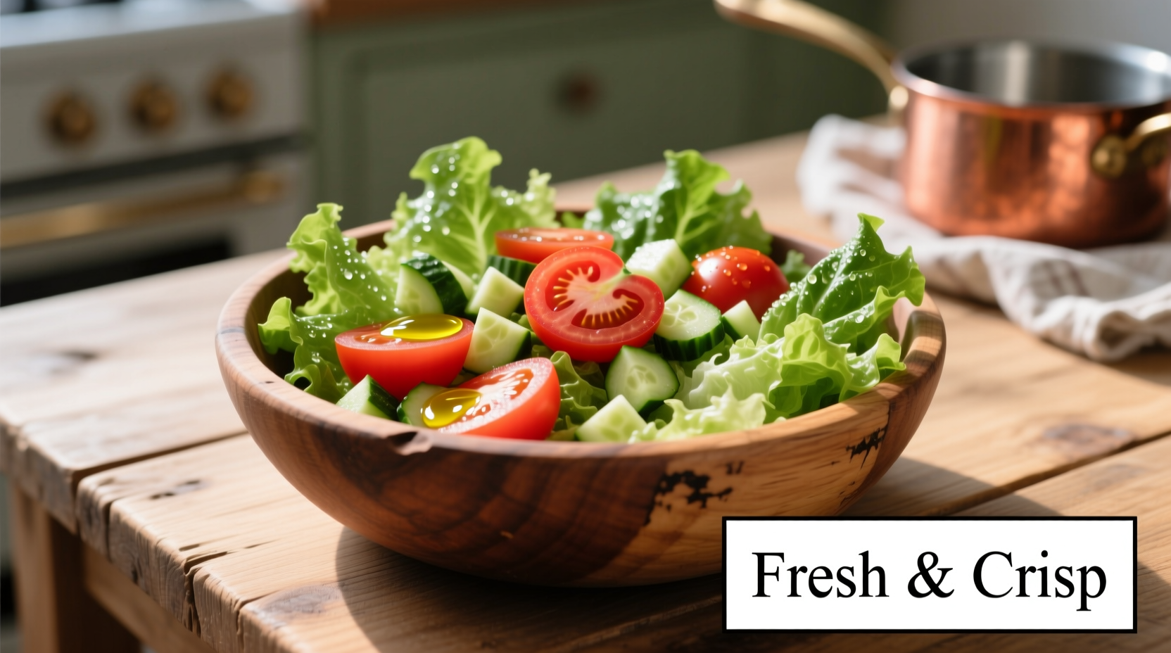 Freshly prepared lettuce and tomato salad in wooden bowl