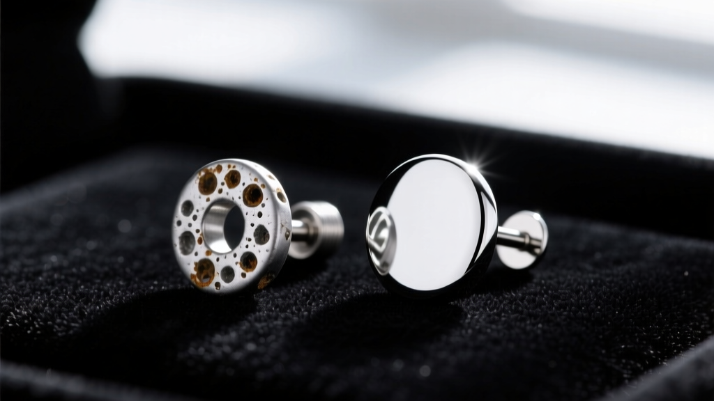 Macro comparison of a porous cheap alloy earring post and a smooth mirror-finish niobium post resting on a dark velvet surface