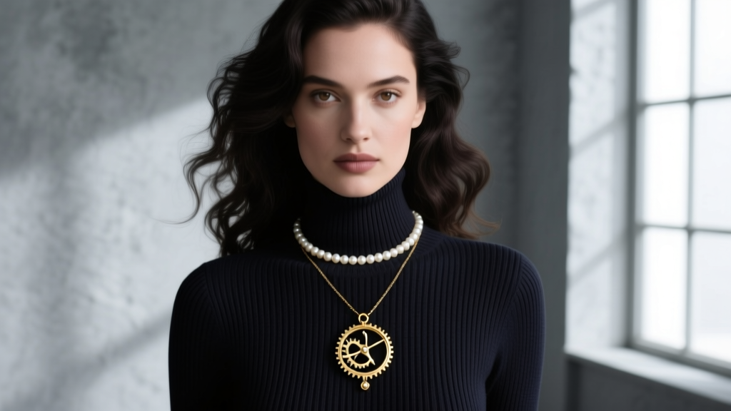 Editorial shot of a woman wearing a gold time turner necklace layered with a pearl choker over a dark ribbed turtleneck sweater.