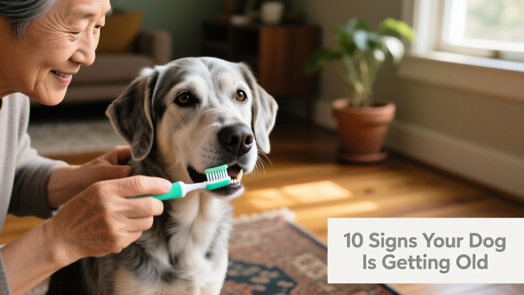 Close-up of a person brushing a calm senior dog’s teeth with a small dog toothbrush and minty toothpaste