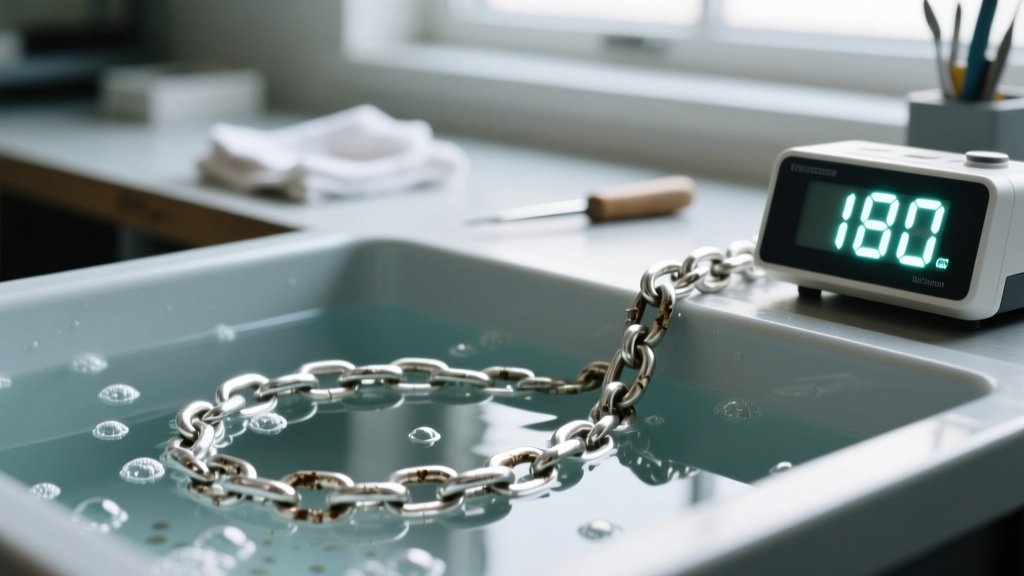 A jewelers workbench showing a tarnished silver chain cleaned in an ultrasonic bath with a digital timer displaying 180 seconds