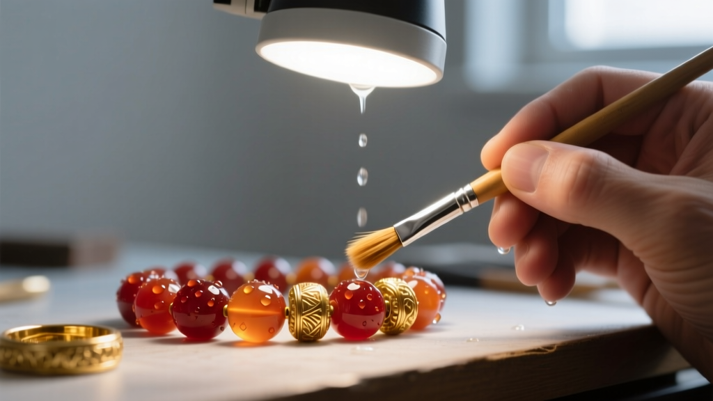 Expert cleaning ancient carnelian and gold beads with a soft bristle brush and distilled water under a bright magnifying lamp
