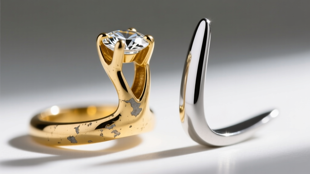 Macro shot of a worn white gold prong showing yellow alloy beneath faded rhodium plating next to a pristine, dense platinum prong.