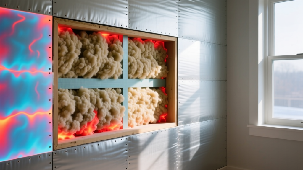 Framed wall cavity cross-section showing dense cellulose and exterior rigid polyiso boards with a thermal camera overlay