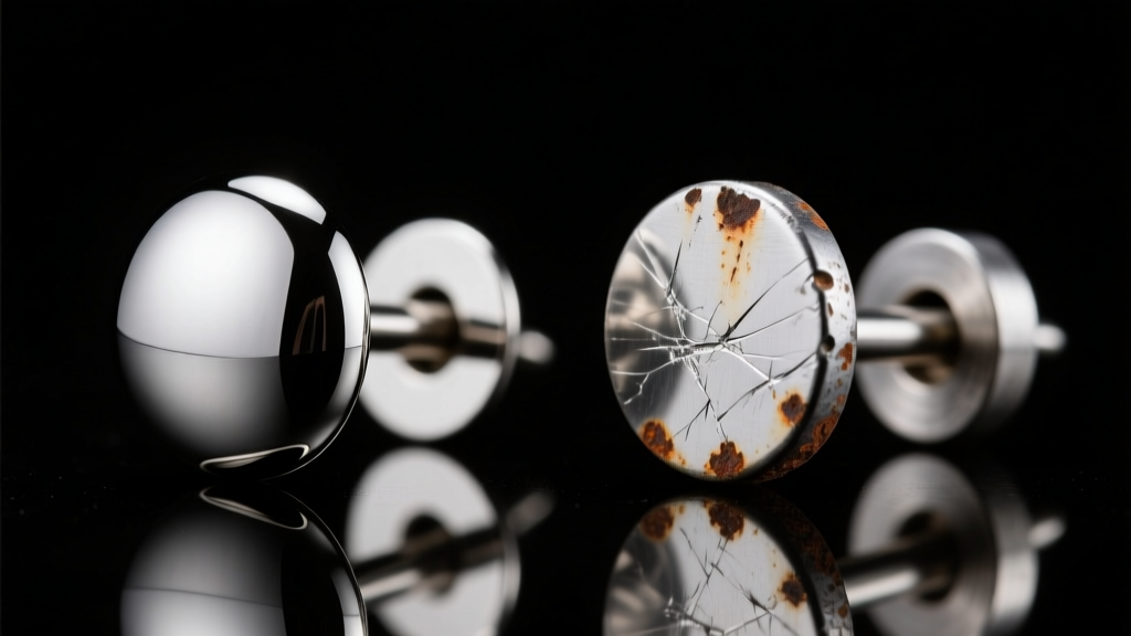 Macro view of a polished titanium earring post beside a scratched steel post, showing surface differences under bright studio light