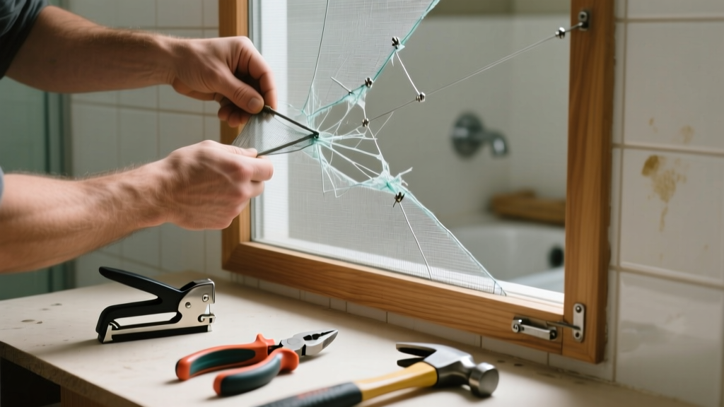 Fixing a Torn Window Screen in the Bathroom