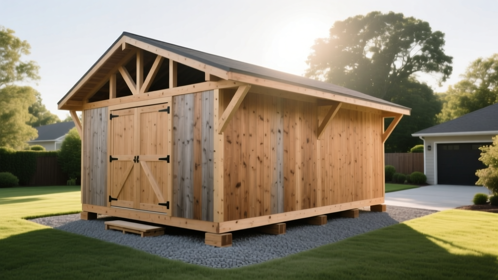 A fully framed 12x20 wooden shed with pressure-treated skids and 2x4 wall studs sitting on a compacted gravel base in a suburban backyard
