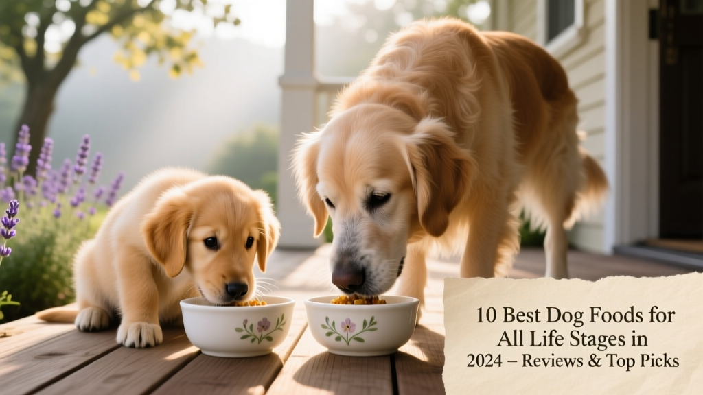 A golden retriever puppy and senior dog side by side, both eating from clean ceramic bowls