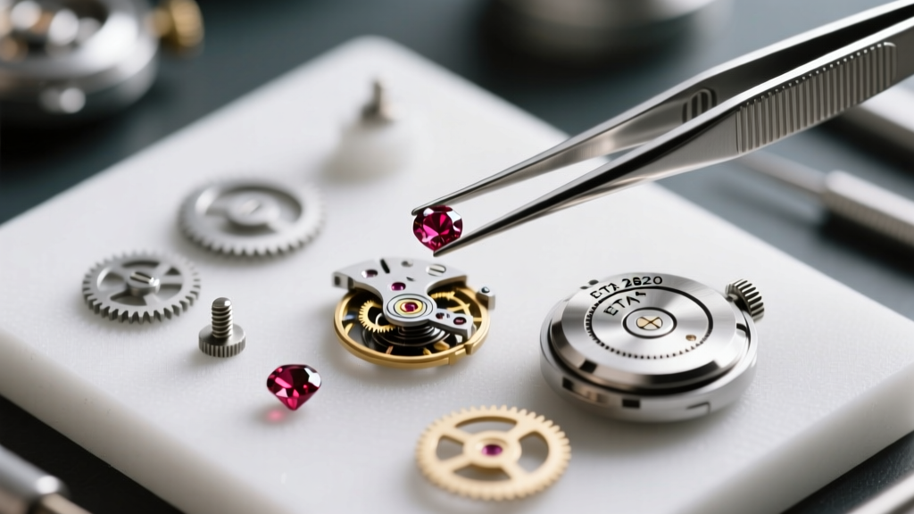 Overhead view of watchmaker tweezers holding a tiny ruby jewel bearing next to an ETA 2824 gear train on a dust-free workbench.