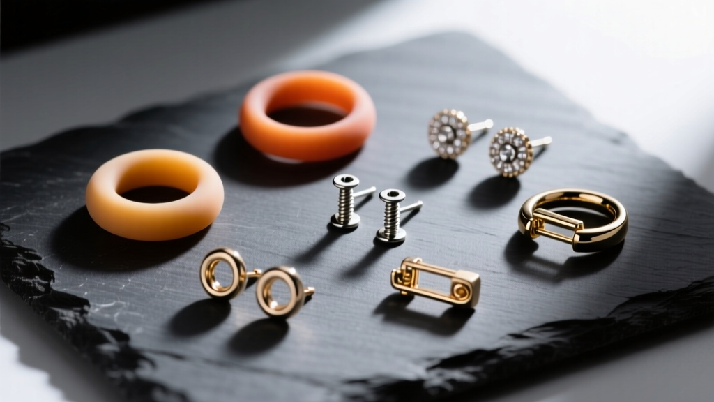 Flat lay of earring backs including la pousette, silicone O-rings, screw backs, and hinged clickers on a dark matte slate surface.