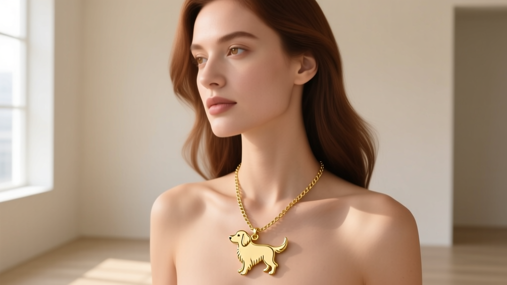 Woman wearing a 14k gold golden retriever silhouette pendant on an 18-inch box chain, illuminated by soft natural window light.