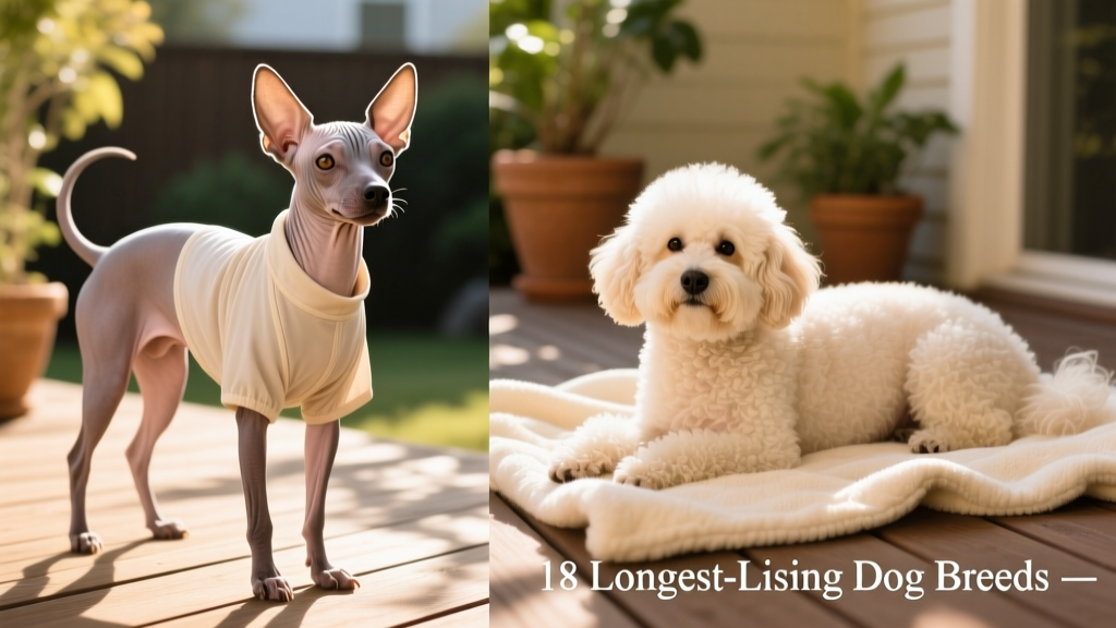 Side-by-side photos: a sleek hairless Chinese Crested wearing a lightweight sun shirt and a fluffy powderpuff variety resting on a soft blanket