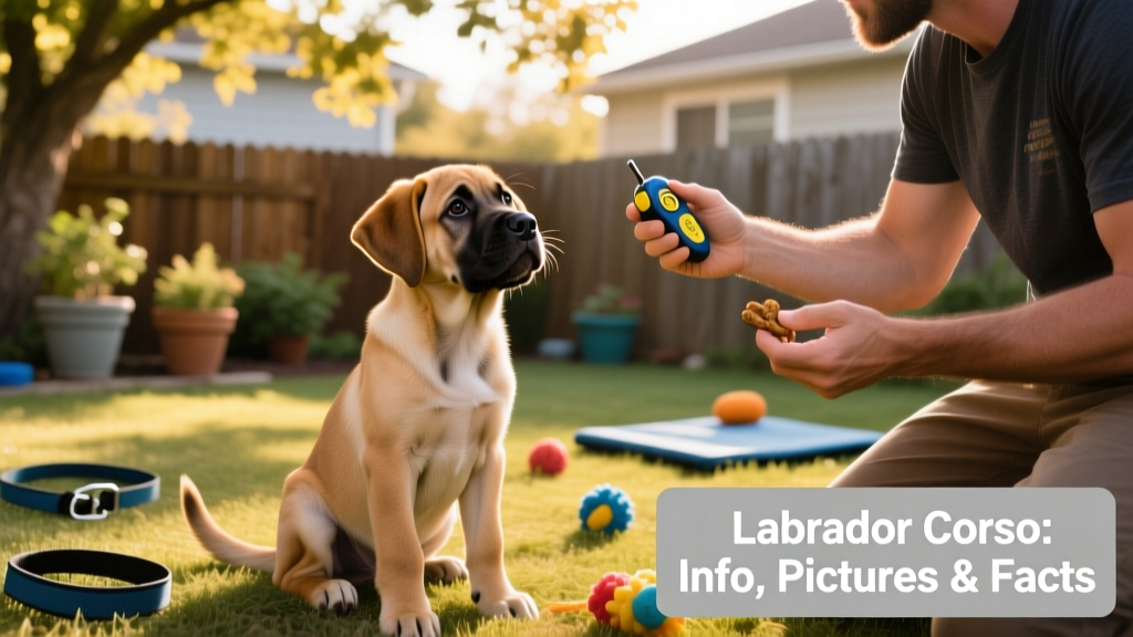 A young Labrador Corso puppy sitting attentively beside its owner during a backyard training session with treats and a clicker