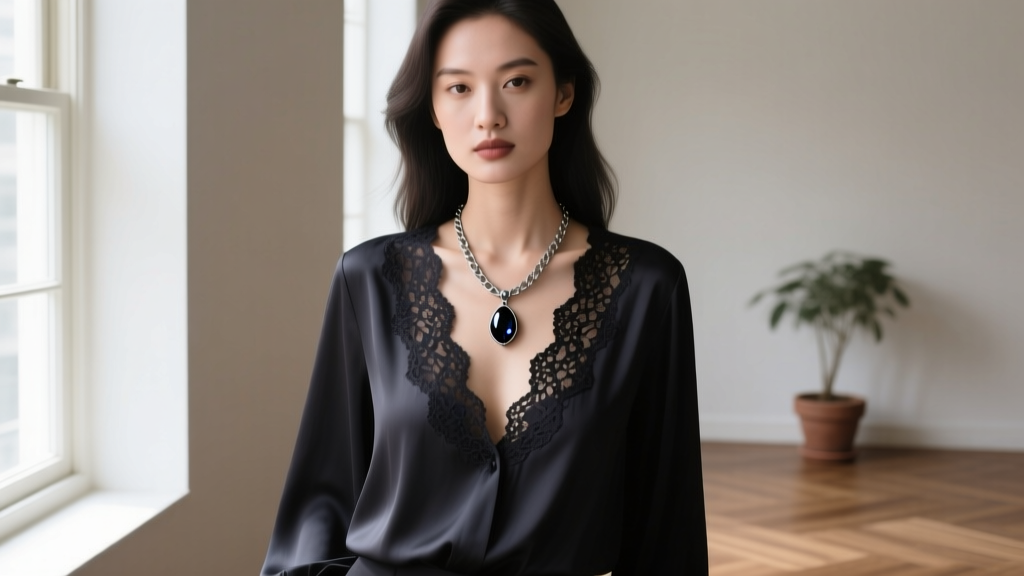 Woman wearing a dark romantic blouse with an oxidized silver chain and dark gemstone drop pendant in soft natural window light.