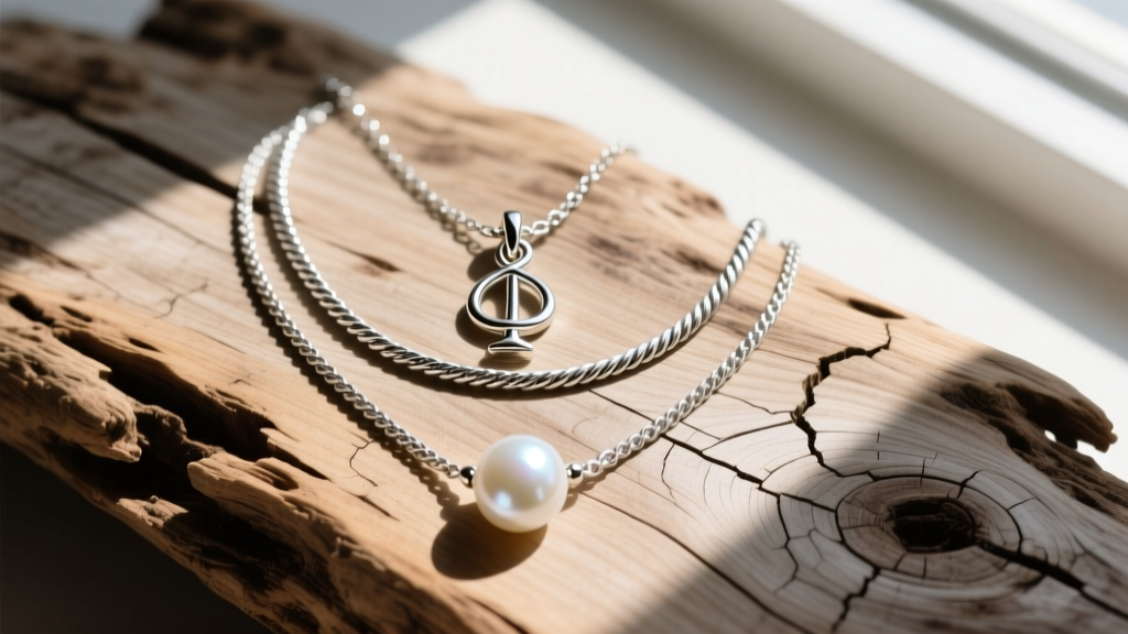 Flat lay of three layered necklaces featuring a treble hook, silver rope chain, and pearl pendant on weathered driftwood
