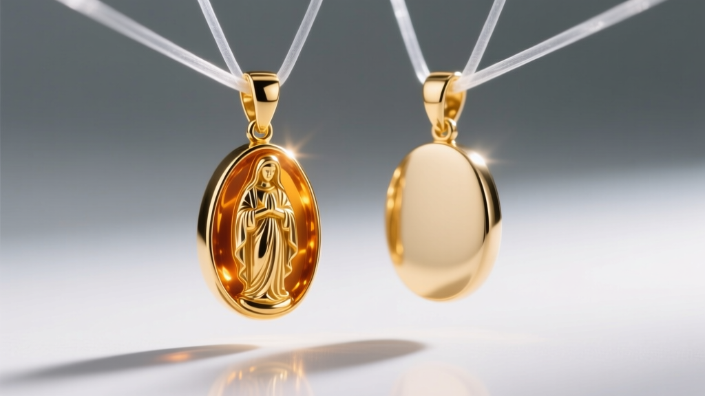Macro shot comparing the rich warm hue of an 18k gold Mary pendant beside a paler 14k gold version under bright studio lighting.