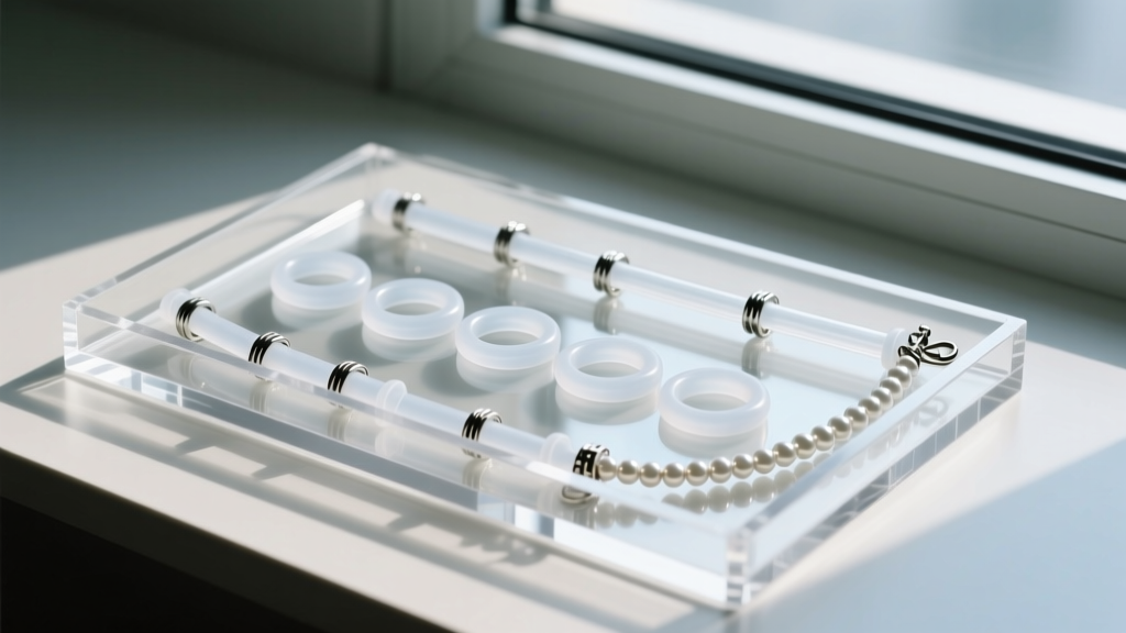 Clear silicone O-rings and cut aquarium tubing used as friction barriers inside a budget acrylic necklace organizer tray