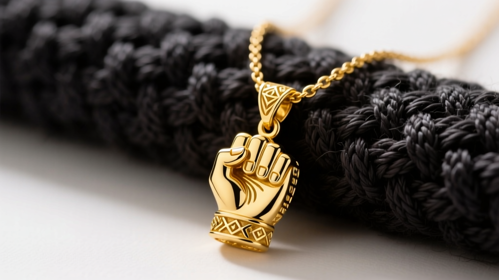 Close-up of an 18k yellow gold Brazil necklace featuring a traditional Figa fist amulet pendant resting on dark woven cotton