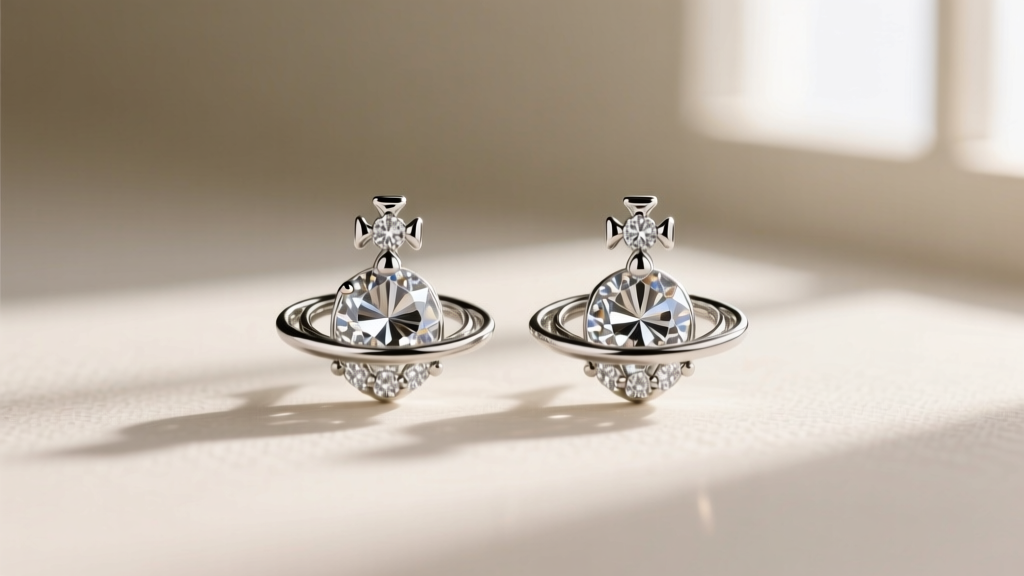 Macro shot of rhodium-plated Vivienne Westwood orb stud earrings on a model, soft lighting highlighting intricate crystal details.