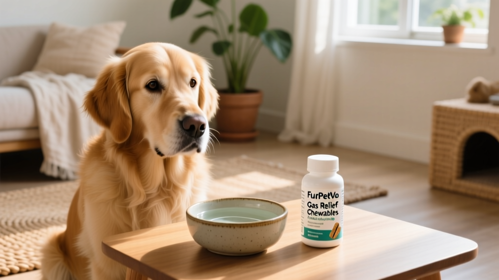 FurPetVo Gas Relief Chewables bottle next to a bowl of fresh water and a calm dog sitting nearby