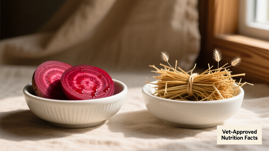Side-by-side comparison: fresh raw beet slices and a small portion of timothy hay in separate bowls