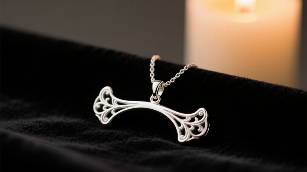 Close-up of a delicate sterling silver wishing bone pendant resting on a dark velvet cloth, illuminated by soft warm candlelight.