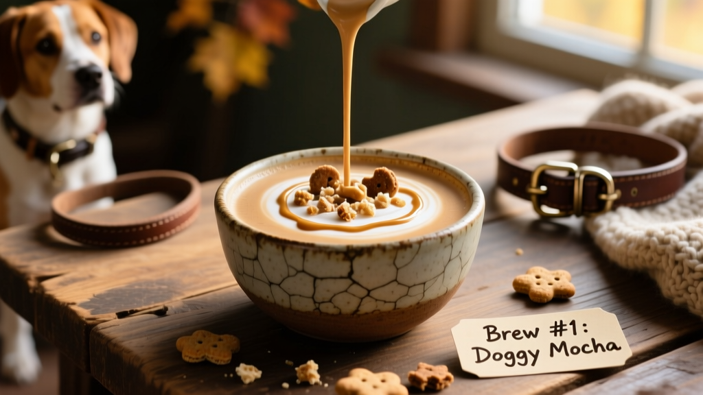 A creamy Not-So-Salted Mocha Latte topped with peanut butter drizzle and crushed dog biscuits in a rustic bowl