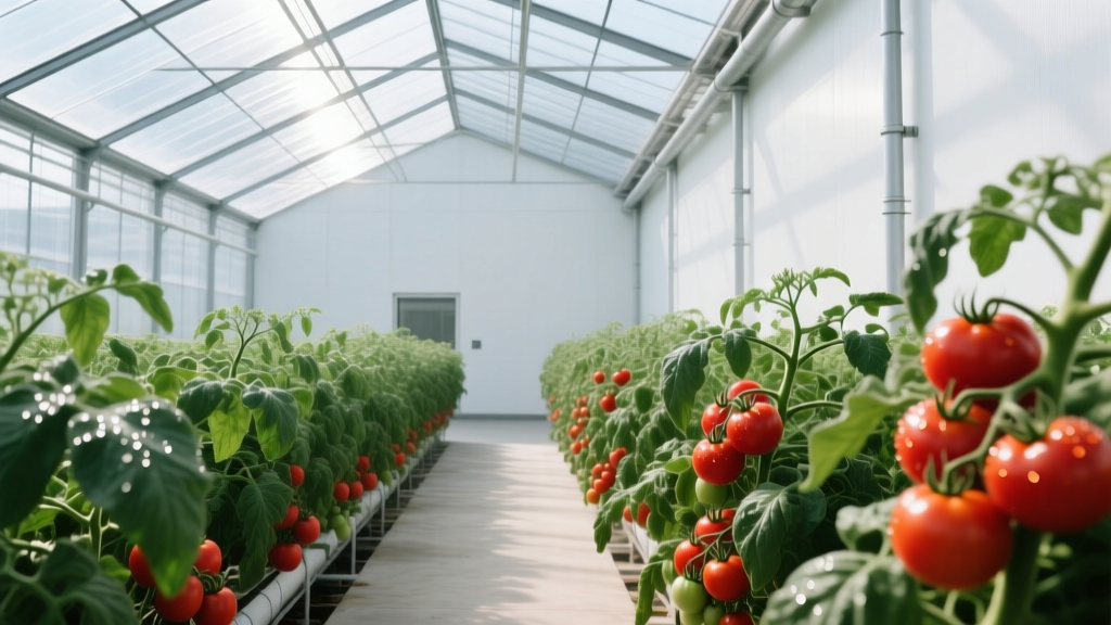 Twin-wall polycarbonate greenhouse roof panels diffusing sunlight onto tomato plants inside a bright commercial growing facility