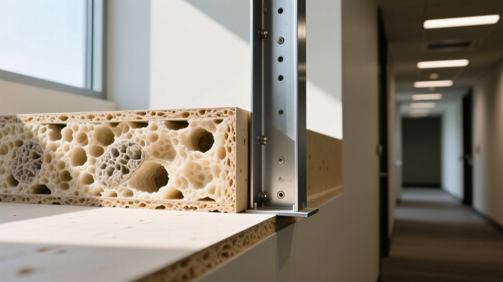 Cross-section of 5/8-inch Type C gypsum board showing dense vermiculite core next to steel stud framing in a commercial corridor