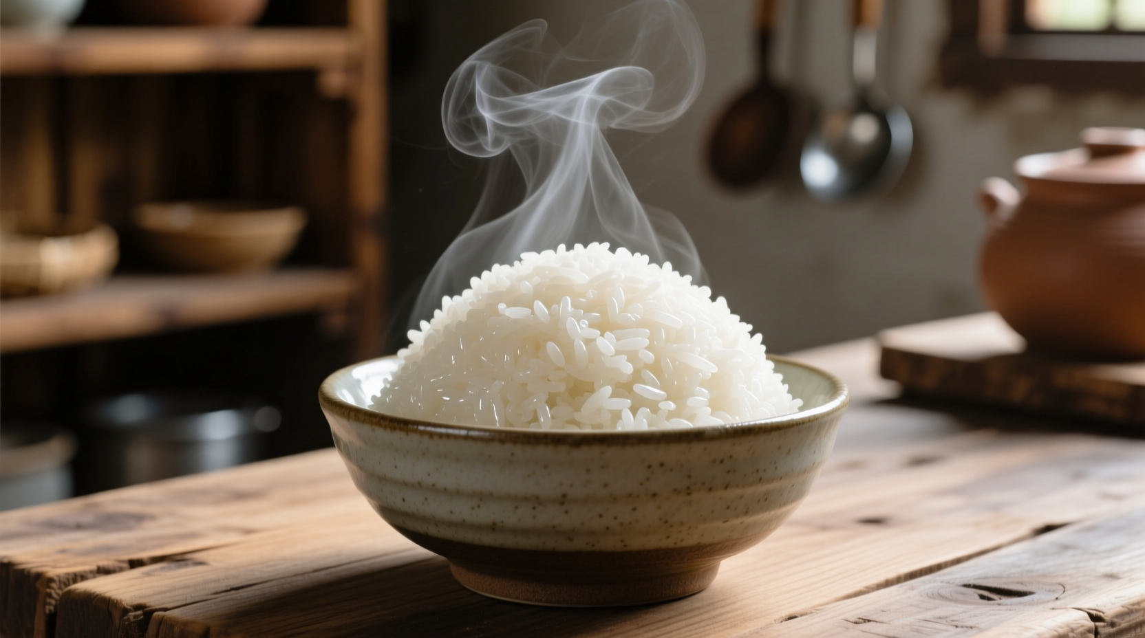 Perfectly cooked white rice in a bowl with steam rising