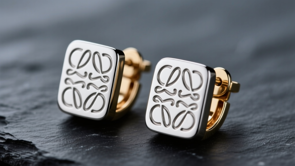 Macro shot of palladium-plated brass Loewe Anagram earrings, showing the laser-engraved logo on the clutch against dark slate.
