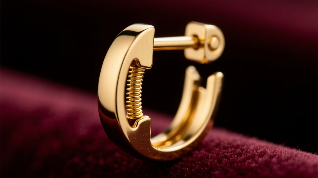 Close-up of a 14k gold leverback earring clasp open, revealing the tiny tension spring inside the hinge joint against dark velvet