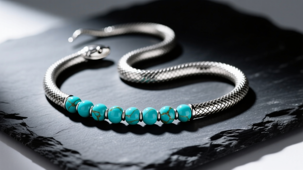 Close-up of a kinked sterling silver snake chain with turquoise beads on dark slate under bright, focused jewelry lighting.