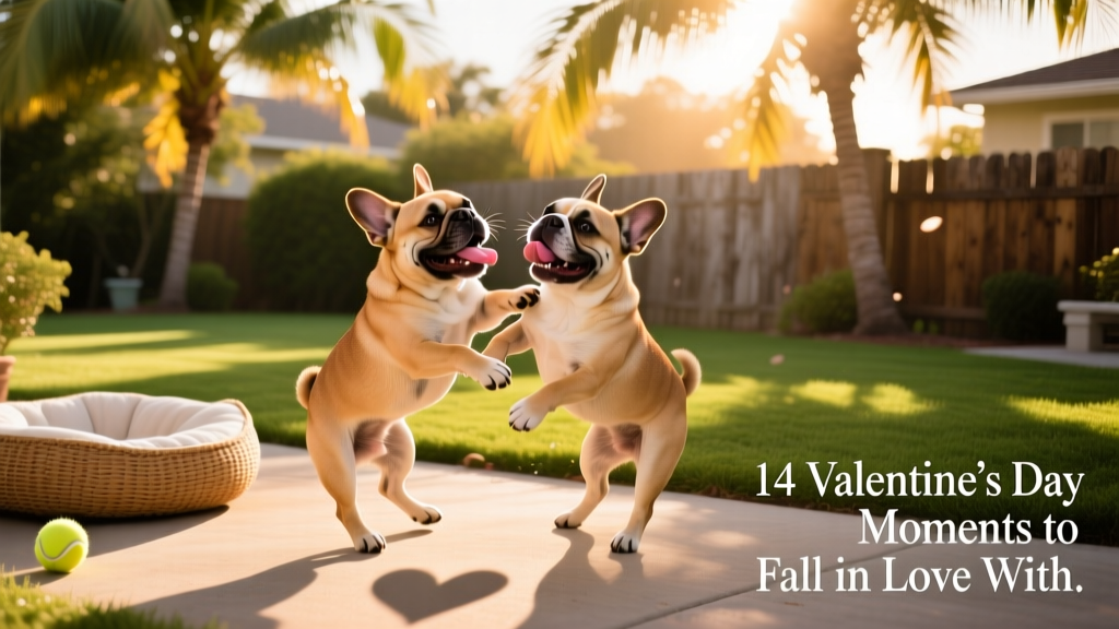 Two affectionate French Bulldogs playing together in a sunny backyard with palm trees