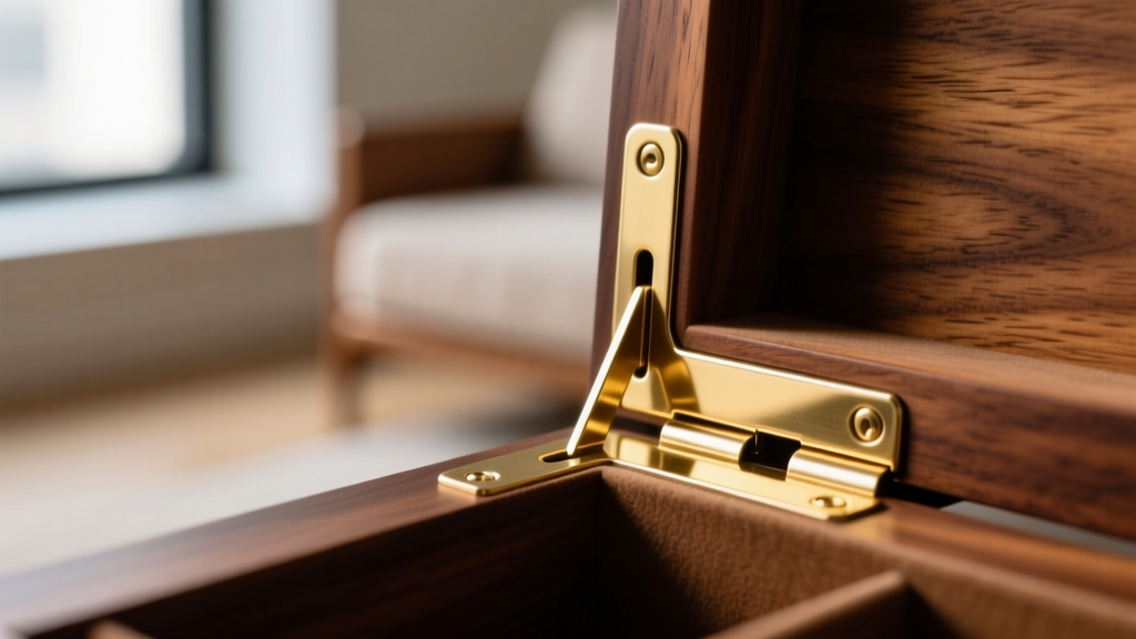 Close-up of a brass safety hinge on a wooden jewelry box, showing the gap design that prevents child finger pinch point injuries.