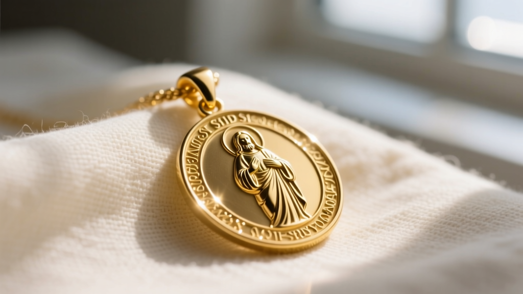 Close-up of a 14k solid gold St Jude medal pendant resting on soft cream linen fabric, illuminated by warm natural window light.
