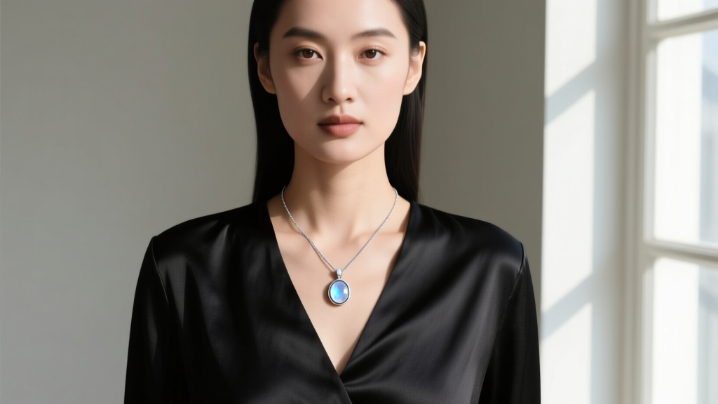 Woman wearing a modern minimalist silver necklace lavalier with a bezel-set moonstone drop over a black silk V-neck blouse