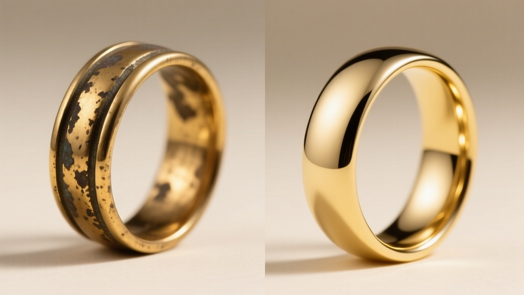 Macro split-screen of a tarnished gold-plated brass ring beside a freshly replated bright gold ring under soft studio lighting
