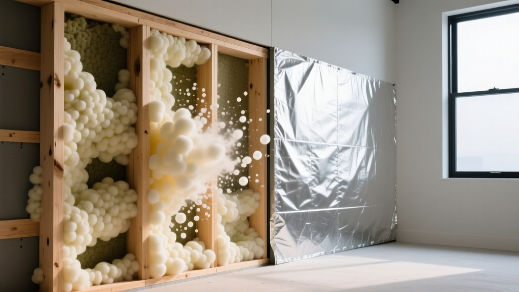 Cross-section of framed wall showing closed-cell spray foam expanding between wooden studs next to foil-faced polyiso rigid board