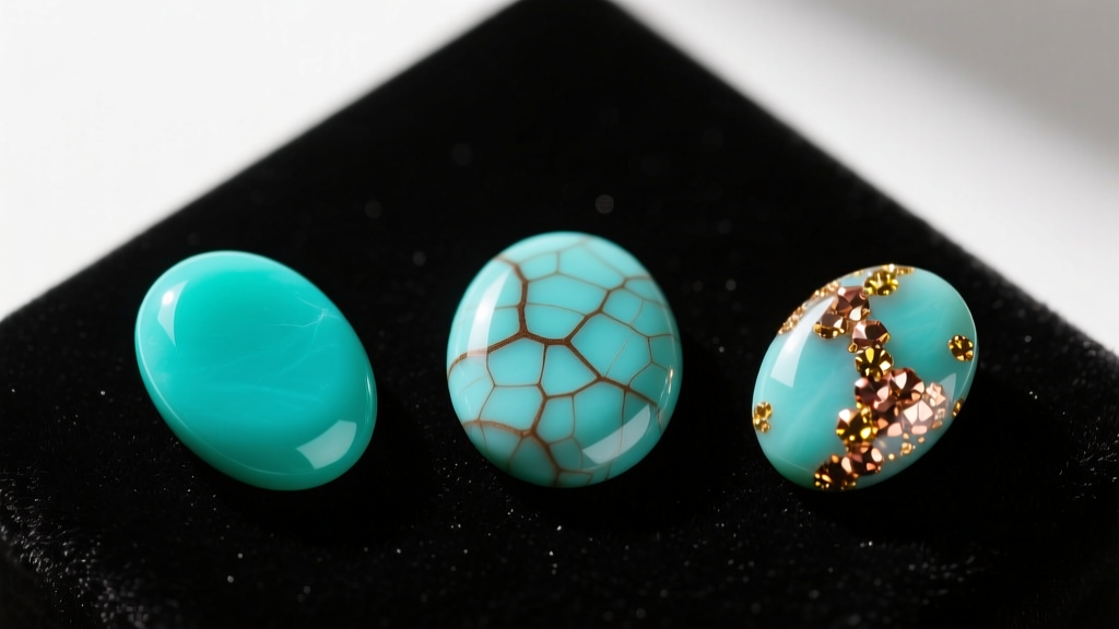 Overhead comparison of three turquoise cabochons showing no matrix, brown webbing, and copper pyrite inclusions on dark velvet