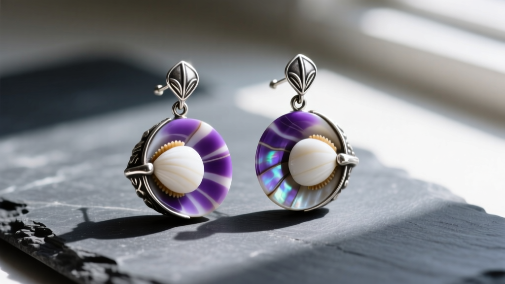 Close-up of authentic purple and white quahog shell wampum earrings set in tarnished sterling silver resting on dark slate surface