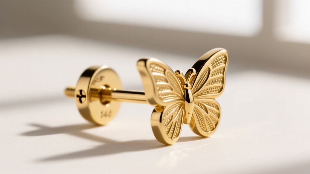 Macro shot of Jennifer Behr Reign gold tone earring post, showing 14k gold plating texture and a secure brass butterfly backing