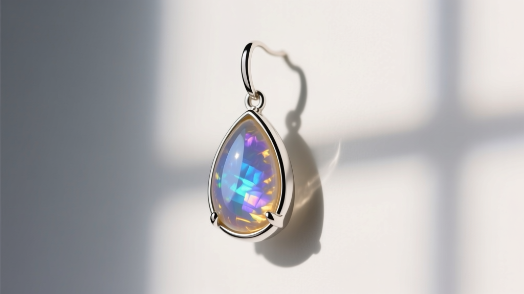 Side profile of a bezel-set rainbow moonstone teardrop earring in polished sterling silver, highlighting the protective metal rim.