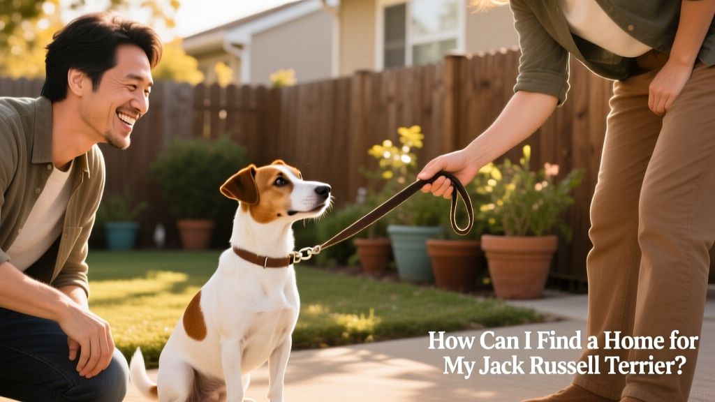 A smiling person handing over a leash to another adult while a Jack Russell Terrier sits calmly between them