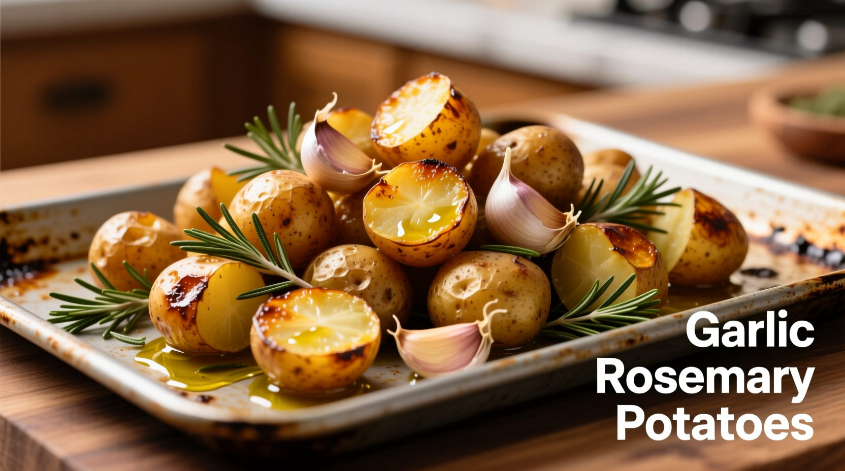 Golden roasted garlic rosemary potatoes on baking sheet