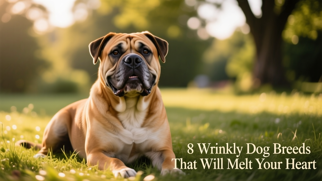 A smiling Bullmastiff with deep facial wrinkles and a gentle expression, sitting calmly on grass