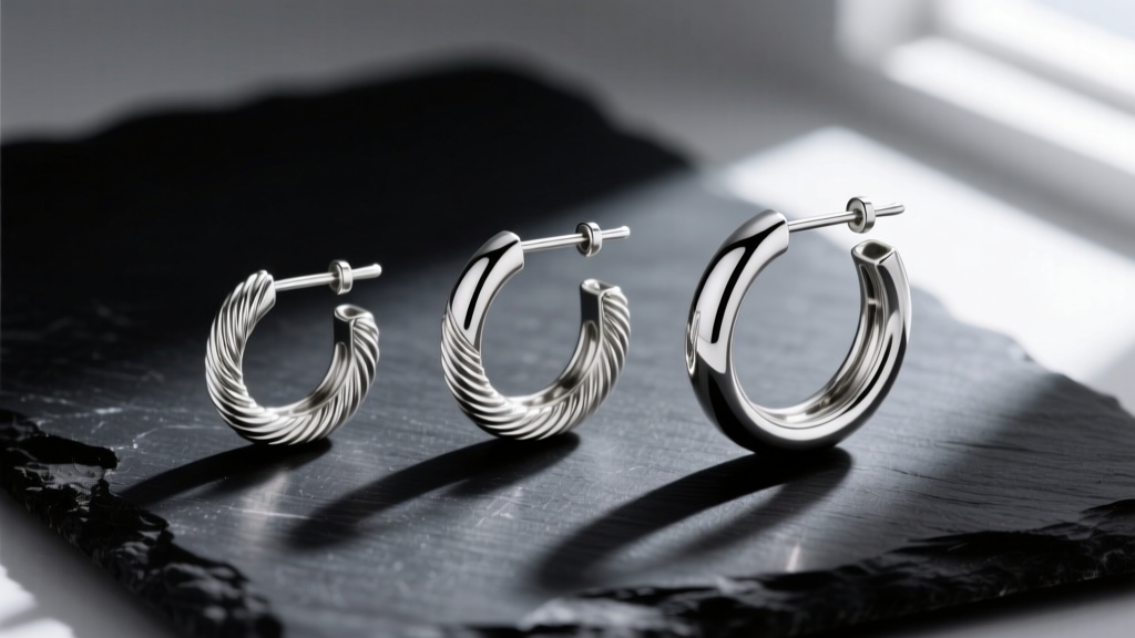 Macro shot of three silver hoop earrings with varying wire thicknesses, 20G, 18G, and 16G, resting on a dark slate stone surface.