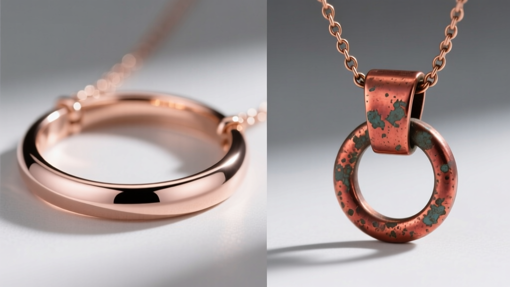 Side-by-side view of a pristine rose gold silver necklace and one showing copper oxidation wear on the clasp and jump ring areas.
