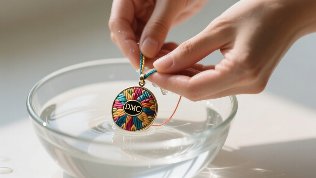 Hands gently washing a woven DMC thread pendant in a shallow glass bowl of distilled water and mild soap under soft lighting.