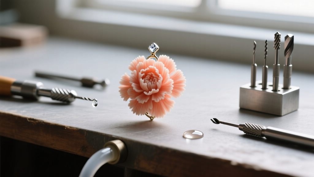 Close-up of a workbench showing a partially carved coral carnation pendant, diamond burr tools, and a water cooling drip system.
